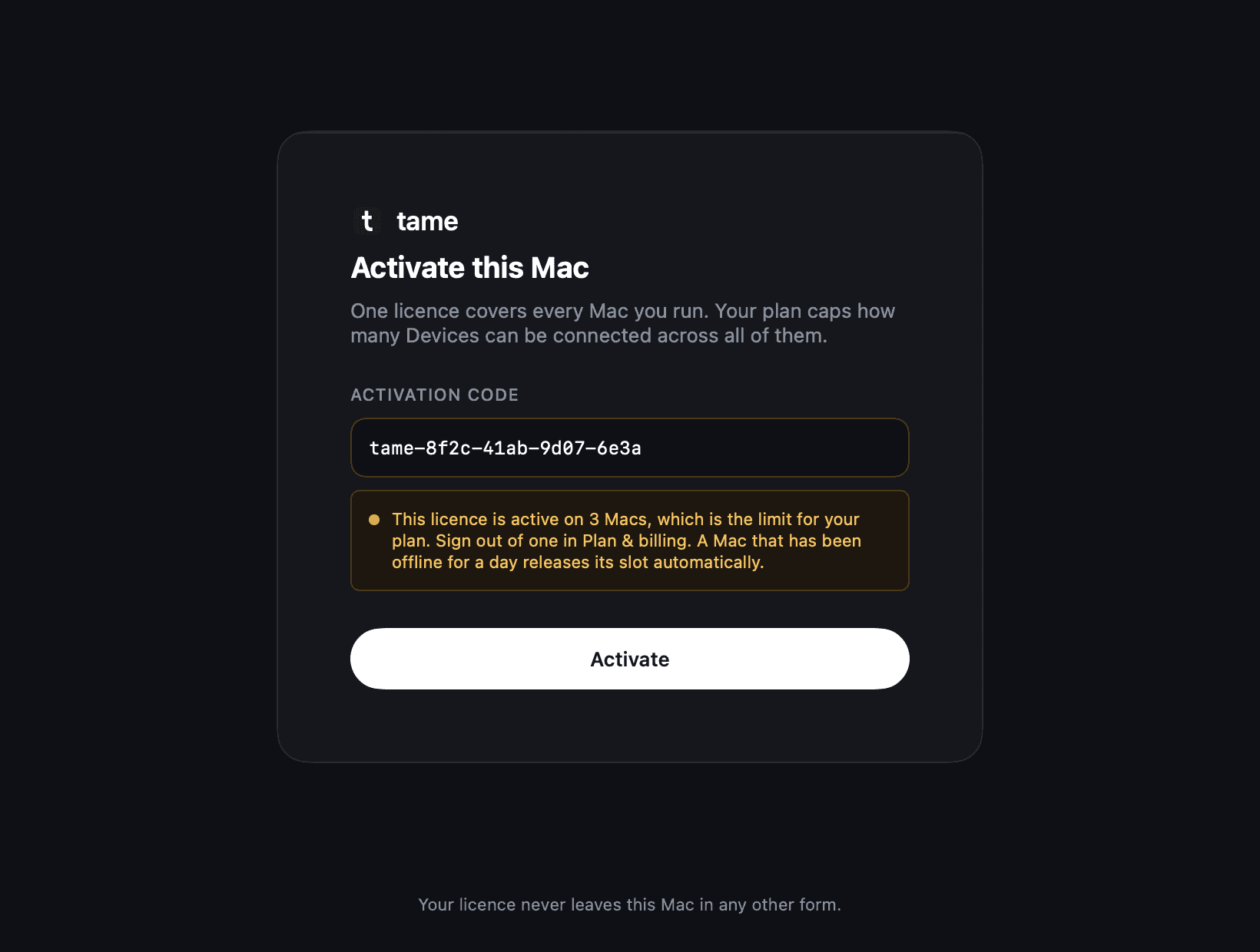 The tame activation window refusing a code, explaining that the licence is active on three Macs which is the limit for the plan, and that a Mac offline for a day releases its slot automatically.