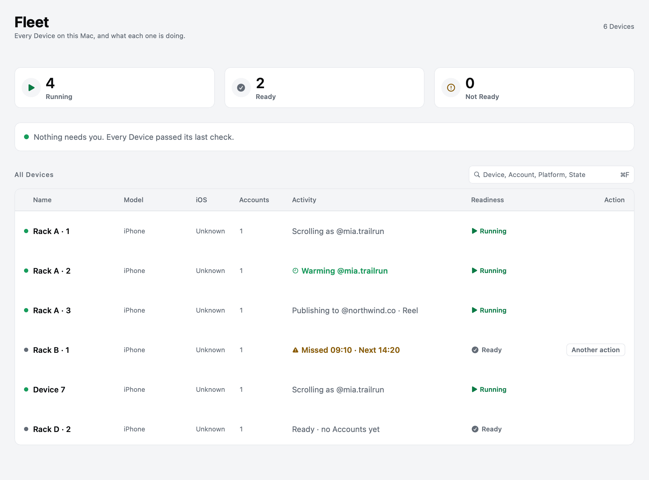 Example tame Desktop App Fleet view with Device rows and their reported state.