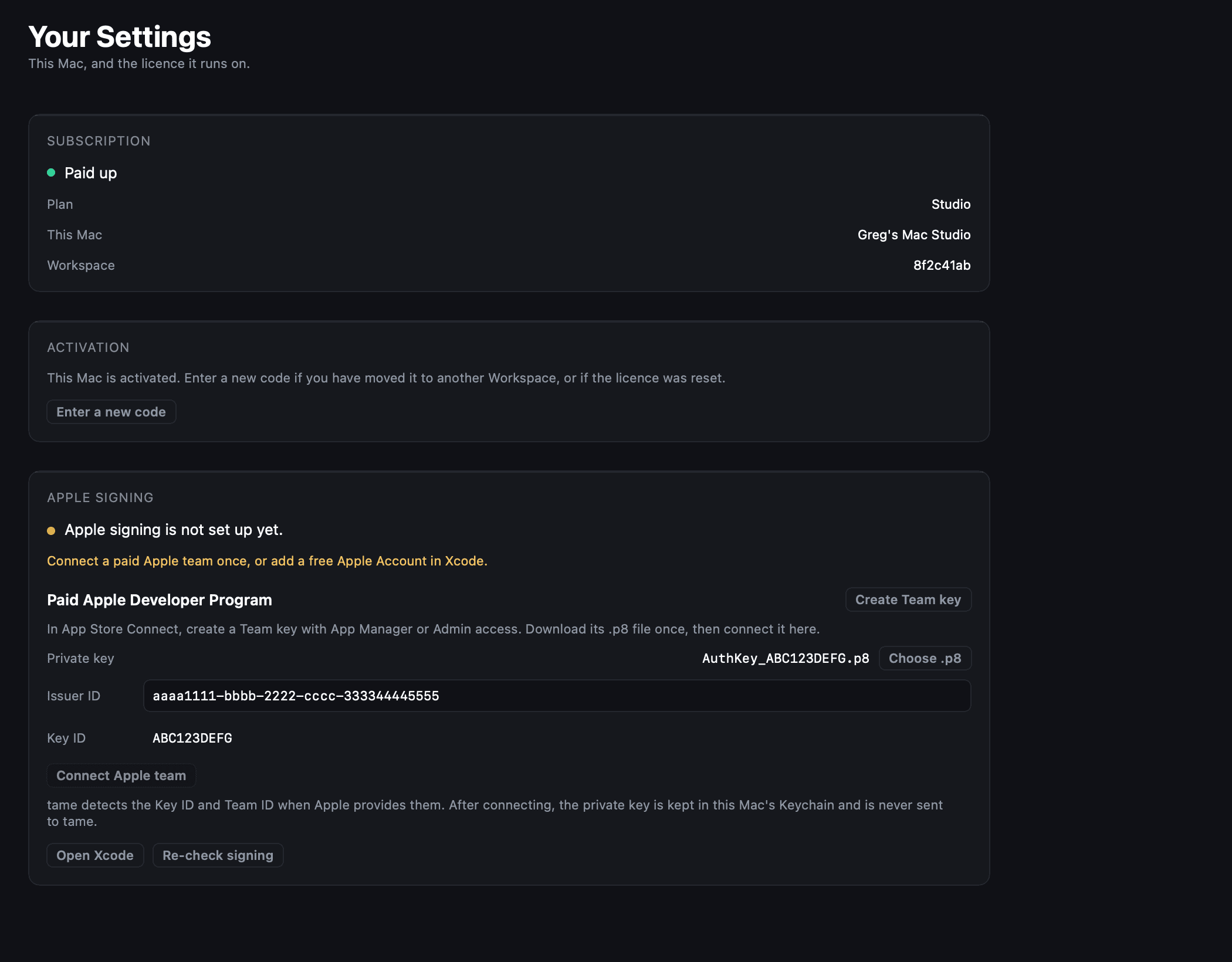 The Apple signing panel in tame Settings, with a Create Team key button, a chosen .p8 file, a filled Issuer ID field, a detected Key ID, and a Connect Apple team button.
