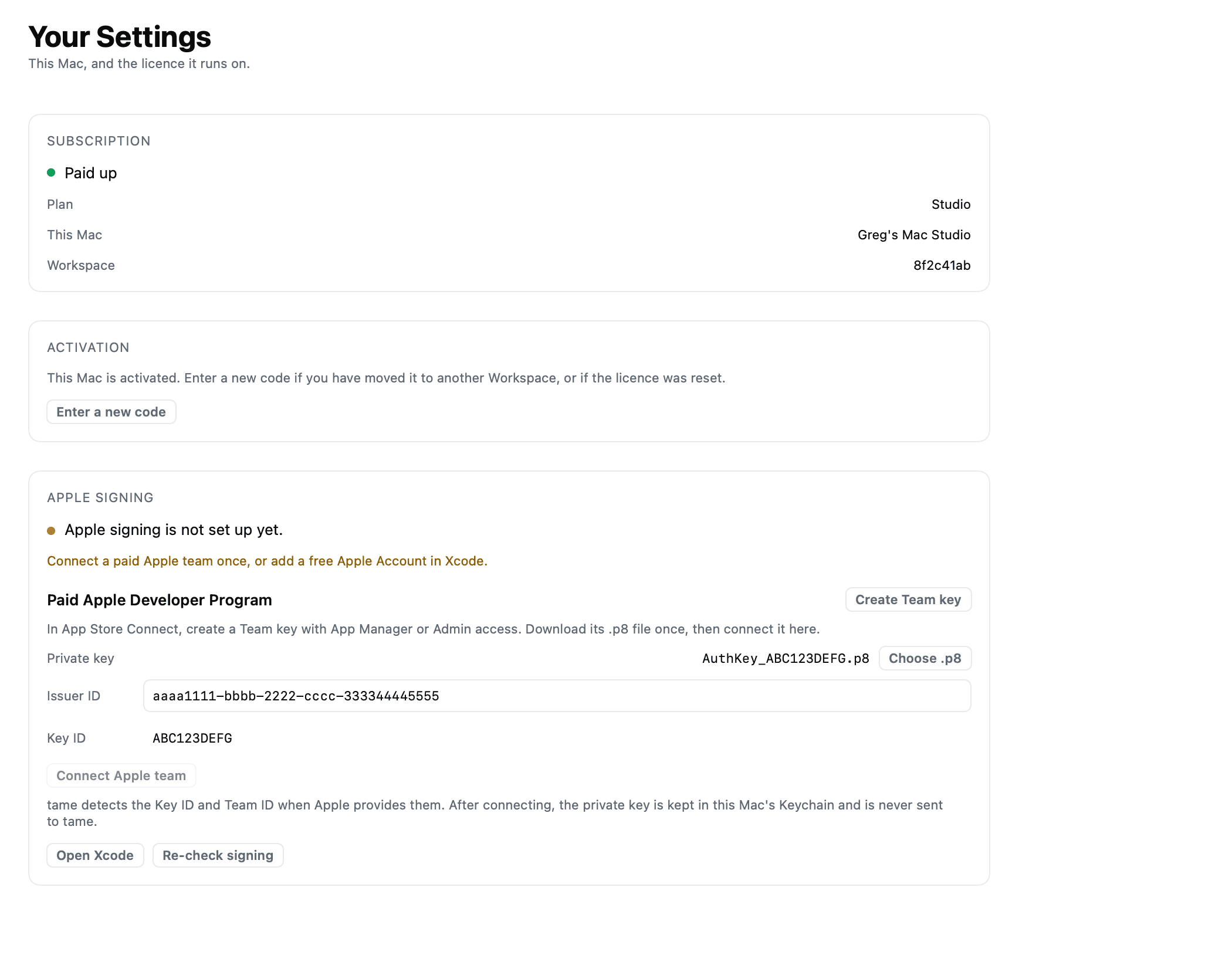 The Apple signing panel in tame Settings, with a Create Team key button, a chosen .p8 file, a filled Issuer ID field, a detected Key ID, and a Connect Apple team button.