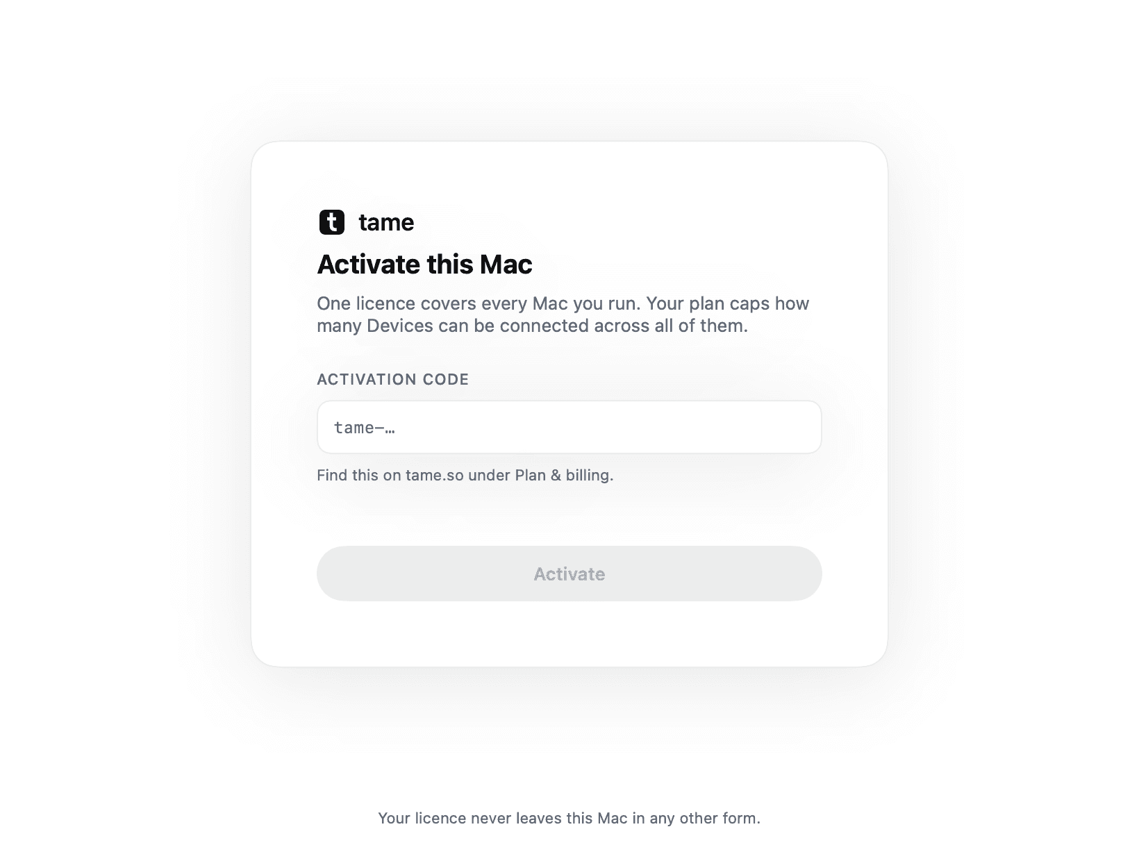 The tame activation window, headed Activate this Mac, with an Activation code field prefilled with tame- and an Activate button.