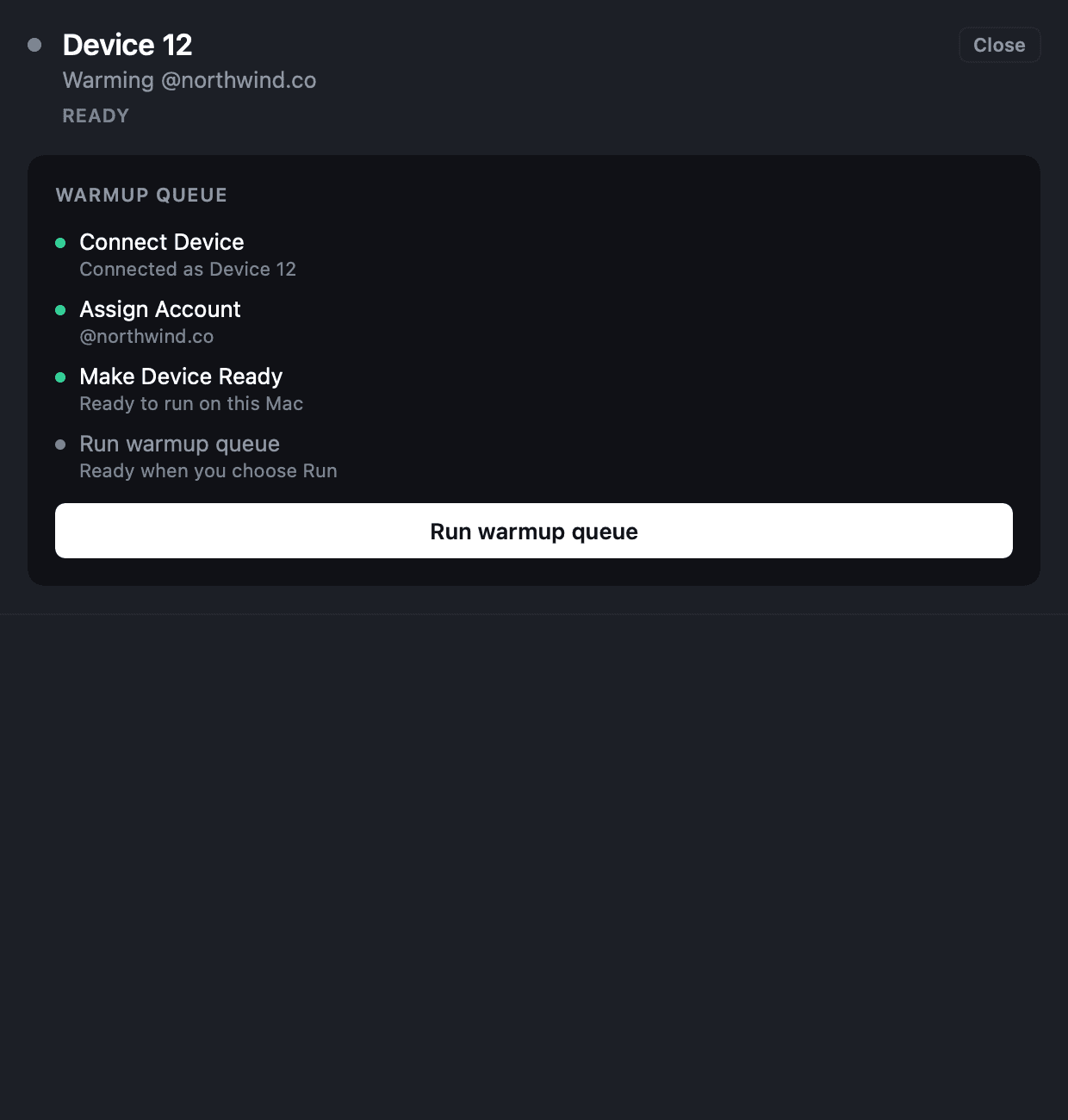 The tame Device panel for a phone with an Account assigned, all four setup steps ticked, and one button reading Run warmup queue.