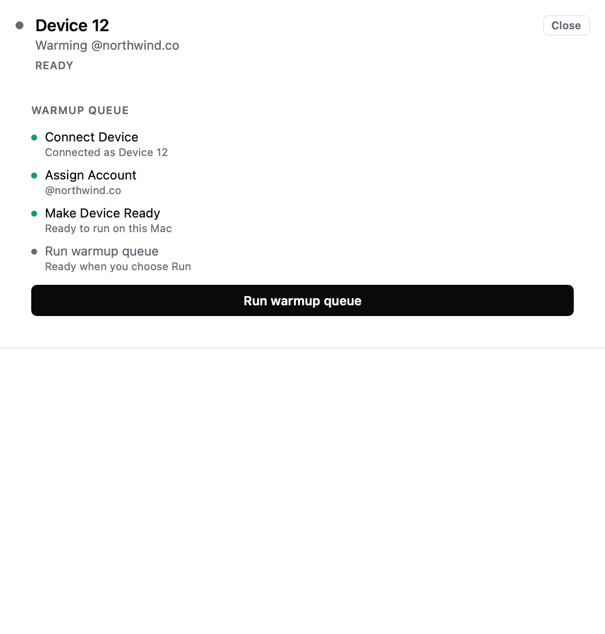 The tame Device panel for a phone with an Account assigned, all four setup steps ticked, and one button reading Run warmup queue.