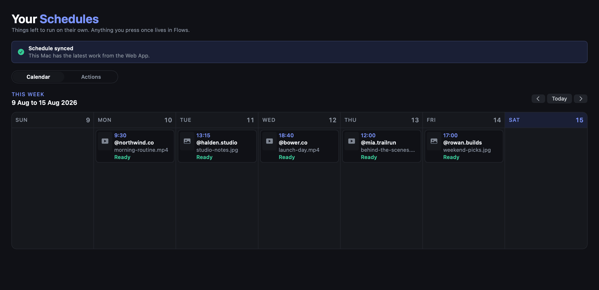 The tame Schedules view, showing recurring Actions arranged by Account and by time of day.