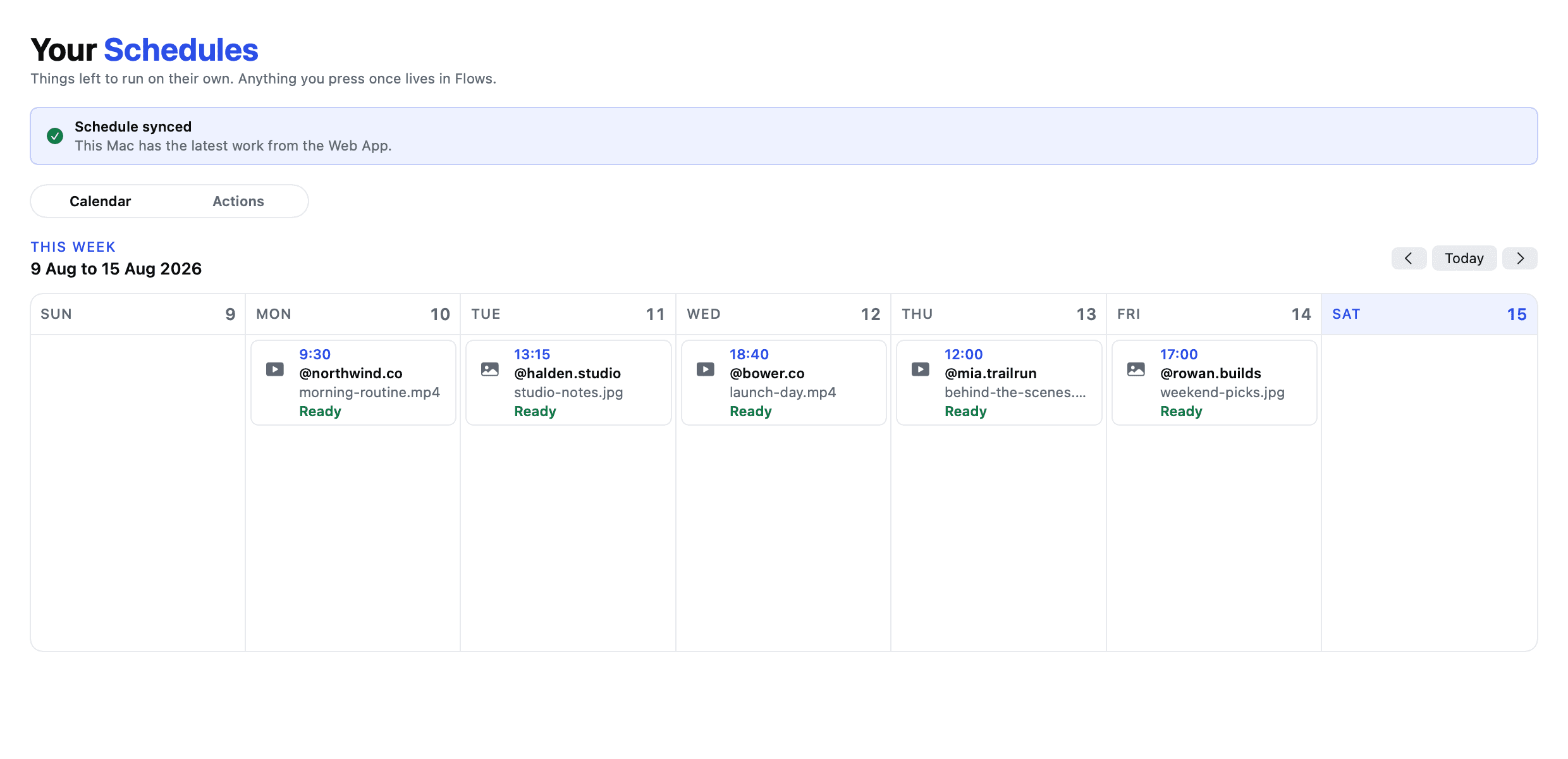 The tame Schedules view, showing recurring Actions arranged by Account and by time of day.