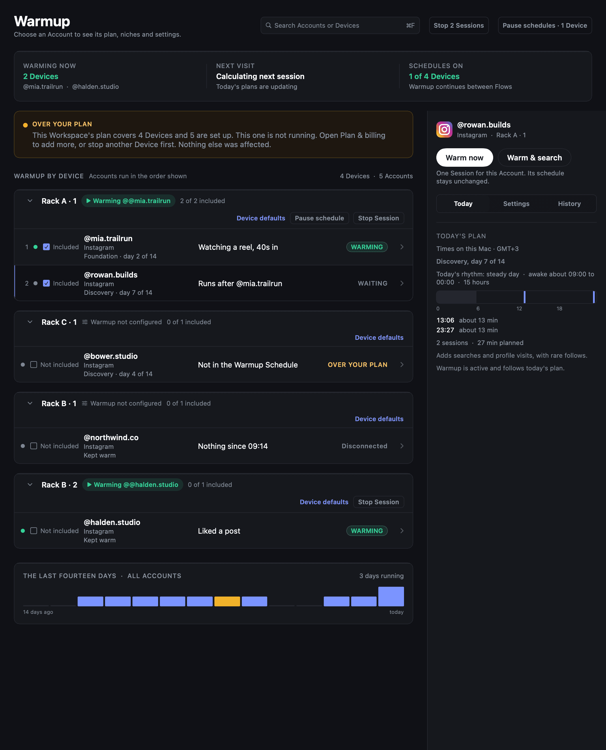The Desktop App Warmup screen, with Accounts grouped by Device, schedule controls beside each Device and the selected Account's daily plan.