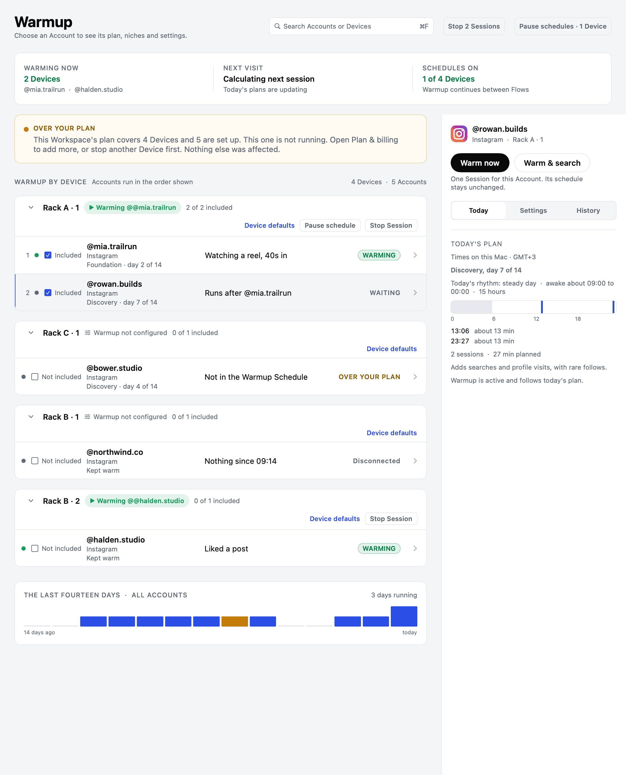 The Desktop App Warmup screen, with Accounts grouped by Device, schedule controls beside each Device and the selected Account's daily plan.