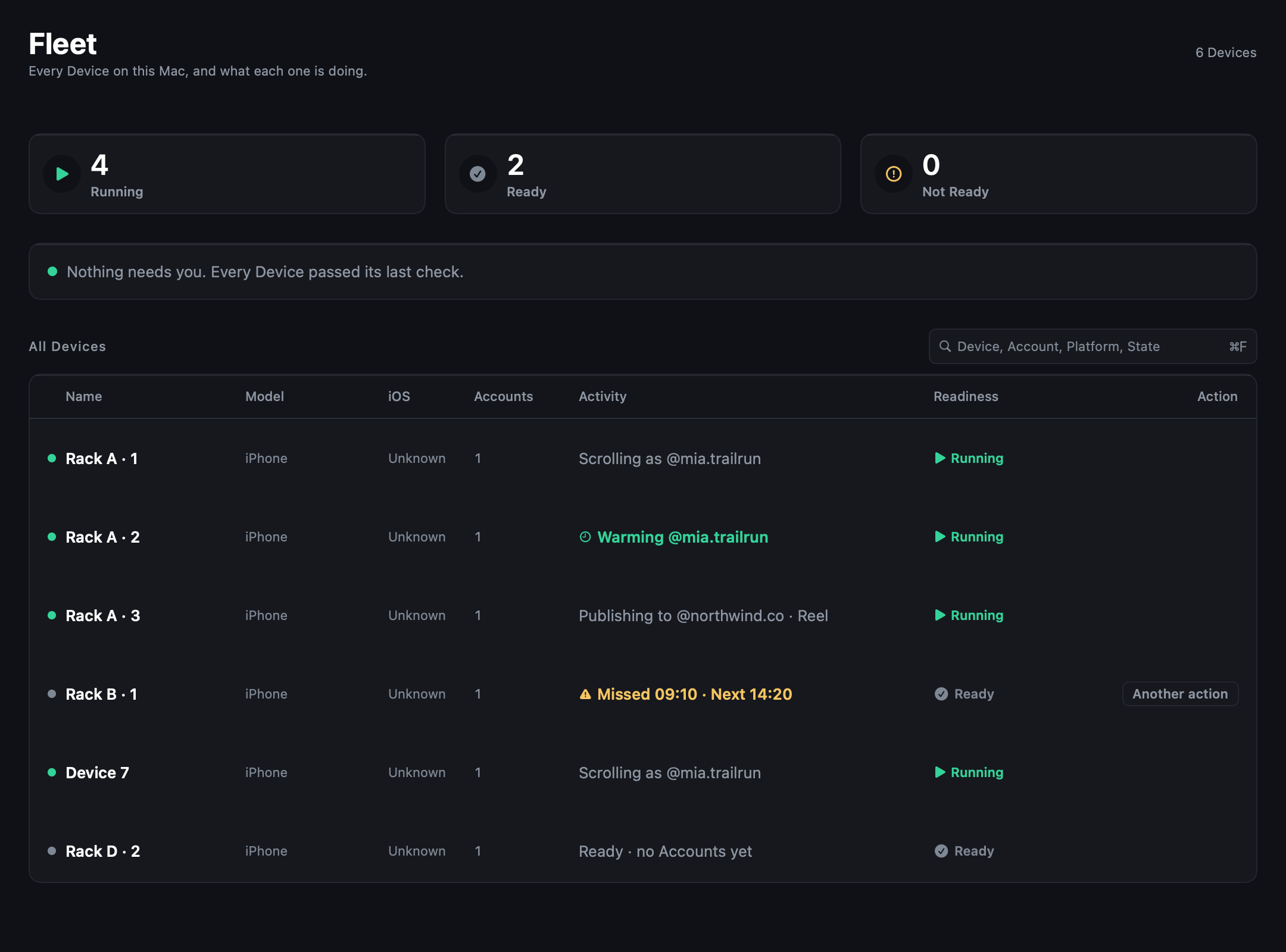 Example Fleet in the tame Desktop App, with Device readiness and Account activity grouped in one view.