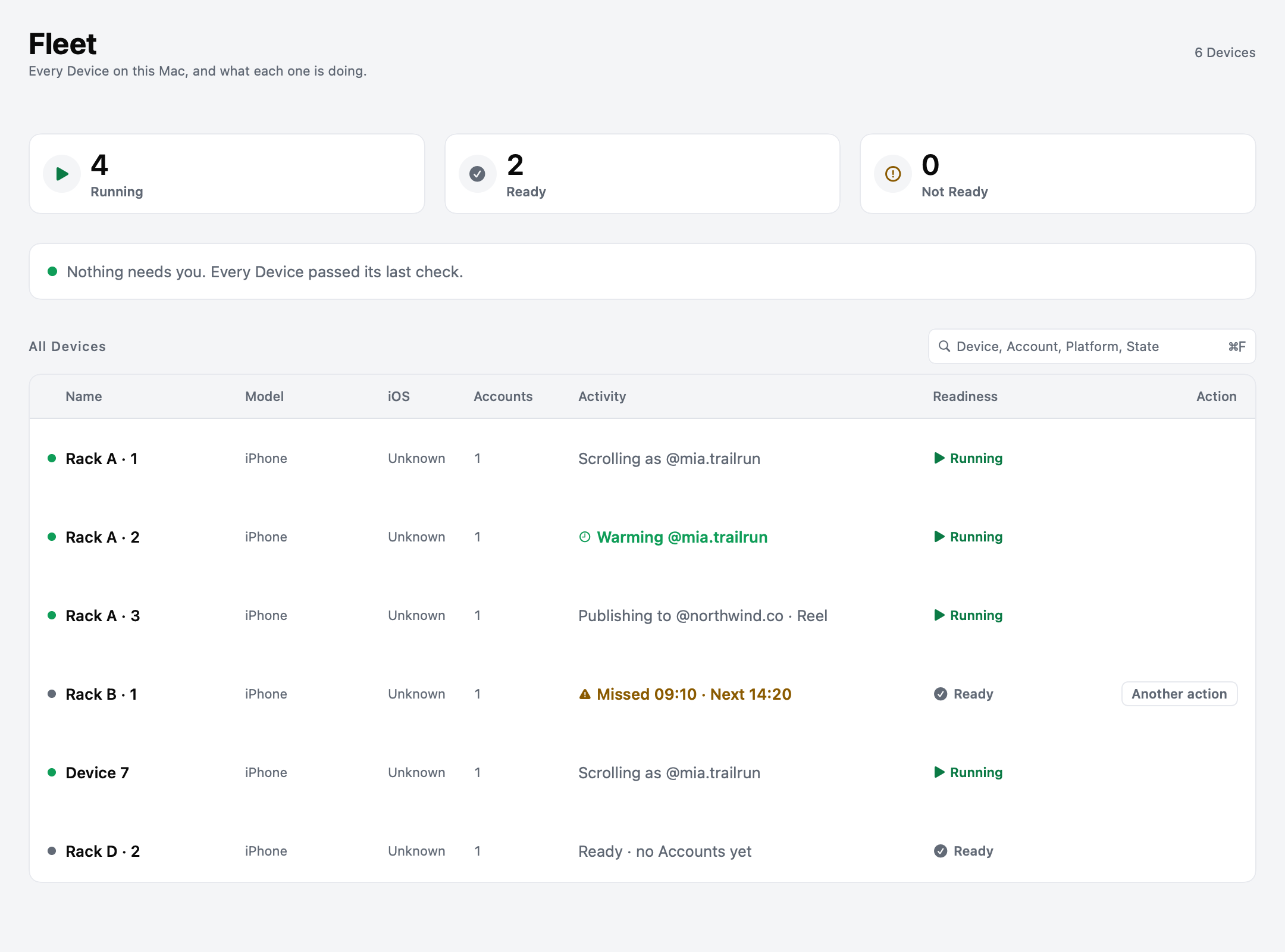 Example Fleet in the tame Desktop App, with Device readiness and Account activity grouped in one view.