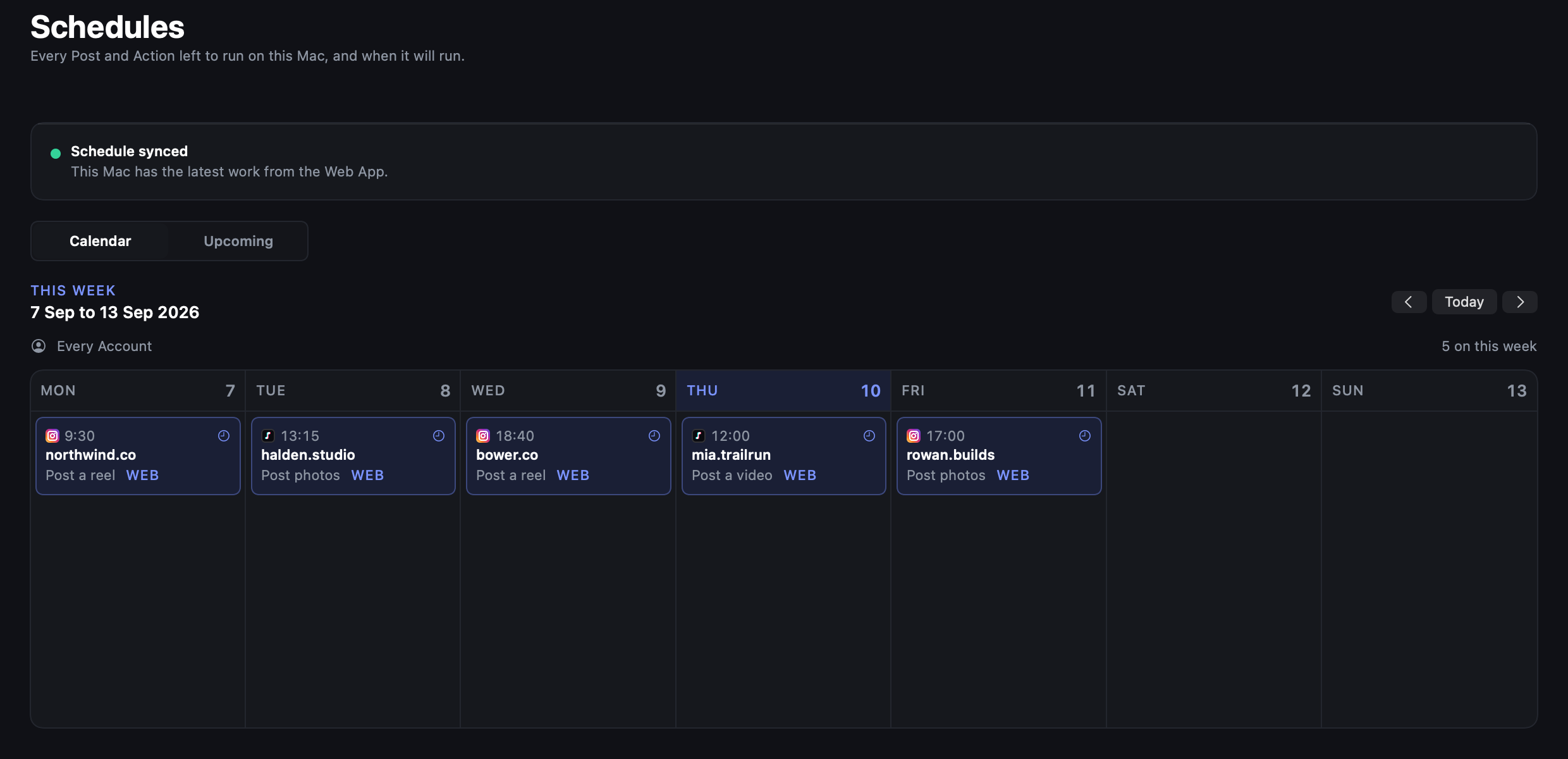 Example Schedules in the tame Desktop App, with Instagram and TikTok Posts arranged across the week.