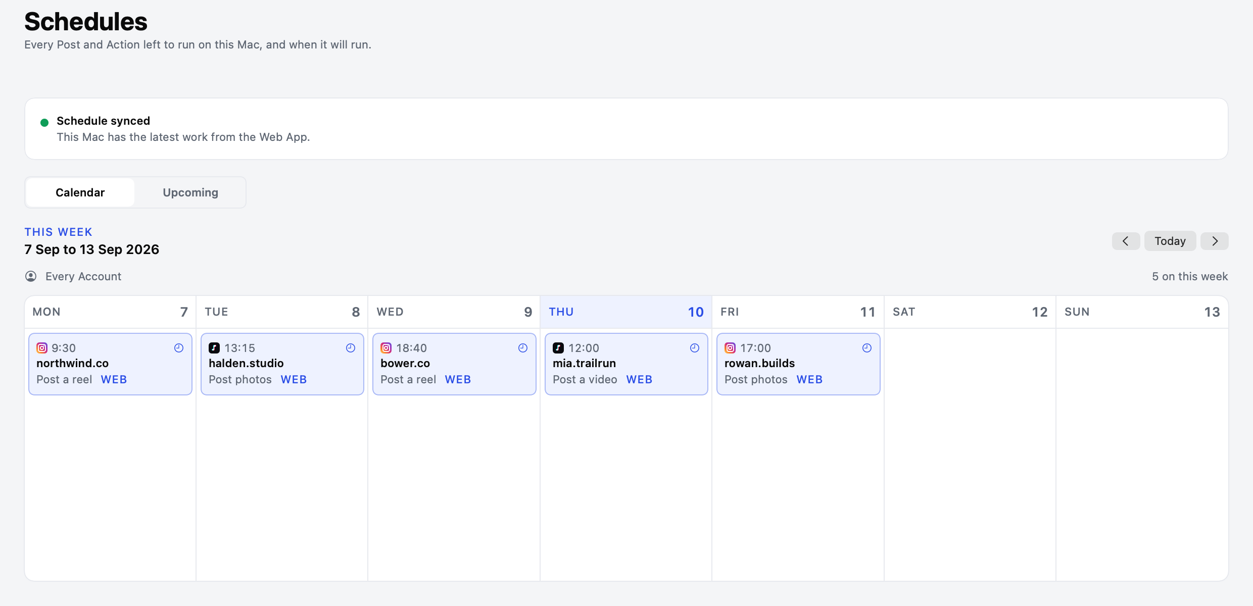 Example Schedules in the tame Desktop App, with Instagram and TikTok Posts arranged across the week.